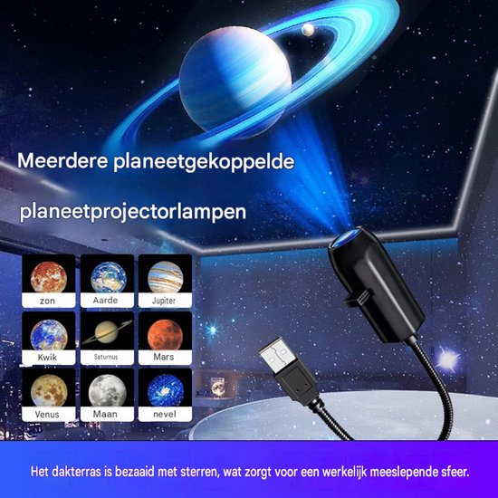 USB-planeet-/sterrenhemelprojector met verwisselbare folie, 10 patronen, 360° universele flexibele slang, creatieve fotoachtergrond en LED-nachtlampje.