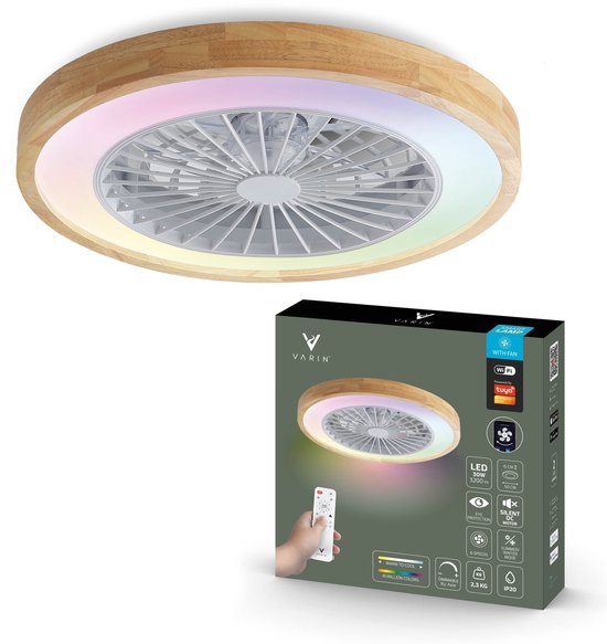 Varin® Plafondventilator met verlichting - Licht hout - Tuya Wifi - LED RGBW - Ø 50cm - Super stil - Afstandsbediening smart lamp - Plafondlamp slaapkamer - Plafonniere woonkamer - Plafondlampen - Plafond lamp - Verlichting kinderkamer - Ventilator van Varin