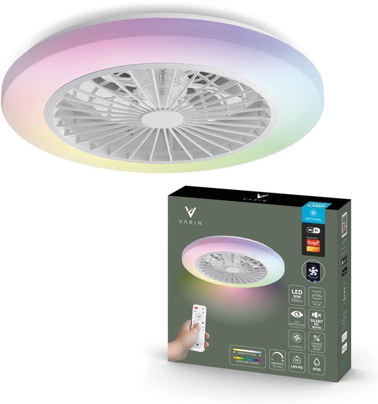 Varin® Plafondventilator met verlichting - Transparant - Tuya Wifi - LED RGBW - Ø 50cm - Super stil - Afstandsbediening smart lamp - Plafondlamp slaapkamer - Plafonniere woonkamer - Plafondlampen - Plafond lamp - Verlichting kinderkamer - Ventilator