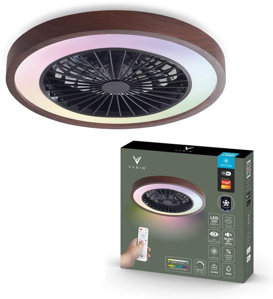 Varin® Plafondventilator met verlichting - Walnoot hout - Tuya Wifi - LED RGBW - Ø 50cm - Super stil - Afstandsbediening smart lamp - Plafondlamp slaapkamer - Plafonniere woonkamer - Plafondlampen - Plafond lamp - Verlichting kinderkamer - Ventilator