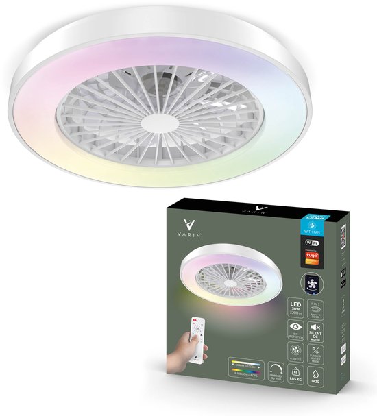 Varin® Plafondventilator met verlichting - Wit - Tuya Wifi - LED 30W RGBW - Ø 50cm - Super stil - Afstandsbediening - Smart lamp - Plafondlamp - Plafonniere - Plafondlampen - Plafond lamp - Verlichting kinderkamer slaapkamer woonkamer - Ventilator