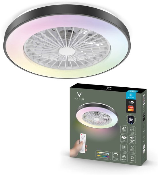 Varin® Plafondventilator met verlichting - Zwart - Tuya Wifi - LED 30W RGBW - Ø 50cm - Super stil - Afstandsbediening smart lamp - Plafondlamp slaapkamer - Plafonniere woonkamer - Plafondlampen - Plafond lamp - Verlichting kinderkamer - Ventilator