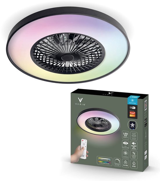 Varin® Plafondventilator met verlichting - Zwart - Tuya Wifi - LED RGBW - Ø 60cm - Super stil - Afstandsbediening smart lamp - Plafondlamp slaapkamer - Plafonniere woonkamer - Plafondlampen - Plafond lamp - Verlichting kinderkamer - Ventilator