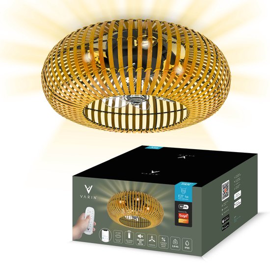 Varin® Smart Plafondlamp met ventilator - Bamboe - Tuya Wifi - Ø 50cm - Plafondventilator met verlichting - Smart lamp slaapkamer - Plafonniere kinderkamer - Plafondlampen industrieel - Plafond lamp - Afstandsbediening - Plafond met ventilator