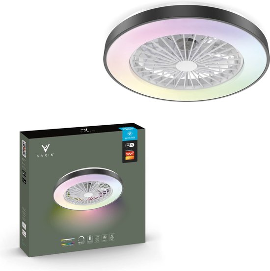 Varin® Ventilator met LED verlichting - Zwart - Tuya Wifi - LED RGBW - Ø 48cm - 6 snelheden - Super stil - Met afstandsbediening en gratis app - Ventilatorkachel - Ventilatoren plafond - Verkoeling en verwarming