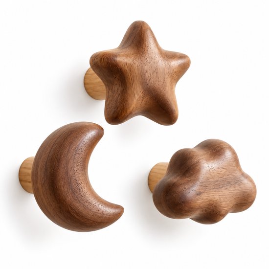 Vavida Wandhaakjes - Hout - Kinderkamer - 4 Stuks - Wolk - Ster - Maan