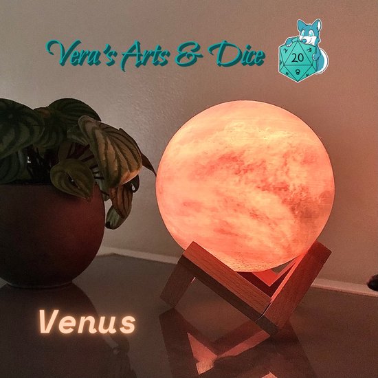 Venus Lamp - Vera's Arts & Dice - 16 Verschillende Kleuren - Planeet Lampen - LED Lamp - Oplaadbaar Dimbaar Stroboscoop Effect Mogelijk Aanraak Gevoelig Afstandsbediening - 3D Print Handmade - Lampen Sfeerverlichting - Slaapkamer Woonkamer van Vera's Arts & Dice