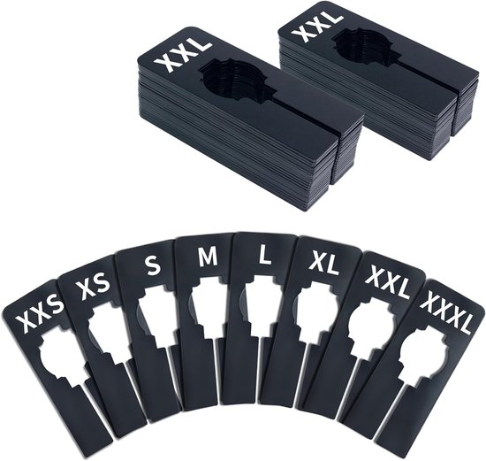 Verpakking van 40 rechthoekige zwarte plastic kledinghangers met maatverdelers, voorgedrukt in 8 maten: XXS, XS, S, M, L, XL, XXL, XXXL (6,35 cm x 12,7 cm, binnendiameter 3,5 cm).