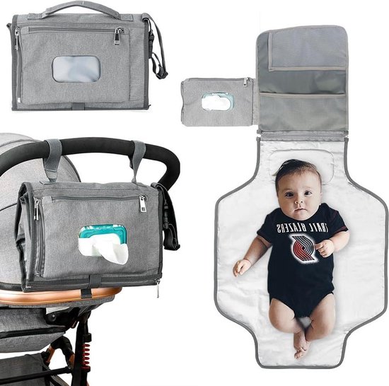 Verstelbare veiligheidsgordel - Wasbaar aankleedkussen voor onderweg - Grijs - Babyzitje 6 maanden tot 3 jaar verschoningsmatje met luieretui