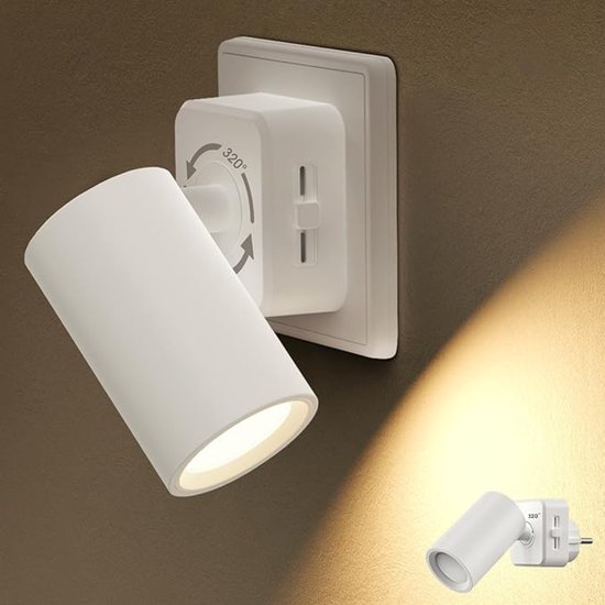 Verte Stekkerspot Dimbaar - Nachtlamphouder met Schemersensor – 320° Draaibaar – Nachtlampjes – Dimbaar 0-100 Lumen – 3000 K – Warm Wit – Steeklampje voor Kinderen – Voor de Gang – Trap – Slaapkamer – Wit