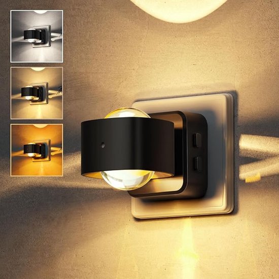 Verte Stekkerspot Dimbaar - Nachtlampje met Schemersensor – Instelbare Kleurtemperatuur – Dimbare Helderheid – 180° Draaibare Stekker – Lamp voor Trappen – Slaapkamers – Zwart