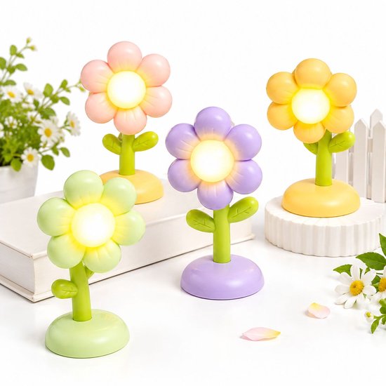 VHV - Nachtlampje - 4 stuks - Mini nachtlampje met magneet bevestiging - Creatieve bloem lamp als decoratiestuk - Tafel decoratie - Bureau decoratie - Nachtlamp - Bedlampjes slaapkamer nachtkast van VHV