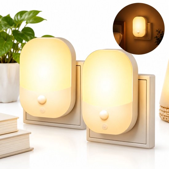 VHV - Stopcontact nachtlamp 2 stuks - 5 lichtsterktes, 3 werkstanden - Opvouwbaar - Warm geel licht - Met dag/nachtsensor - Geschikt voor baby's, kinderen en volwassenen - Dimbaar - Nachtlampje van VHV