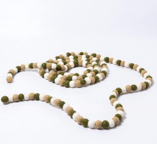 Viltenslinger - Balletjes Vilt - Beige & Groen & Wit - 200cm - Fairtrade