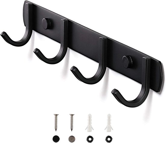 Vitdipy - Kapstok - Wandkapstok - 4 Haken - Muur Kapstok Hangend - RVS - Handdoekrek - 29 cm - Zwart