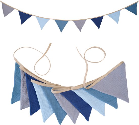 Vlaggenlijn in Blauw en Grijs voor Kinderkamer, van Muslin Katoen, 2.8 meter Decoratie