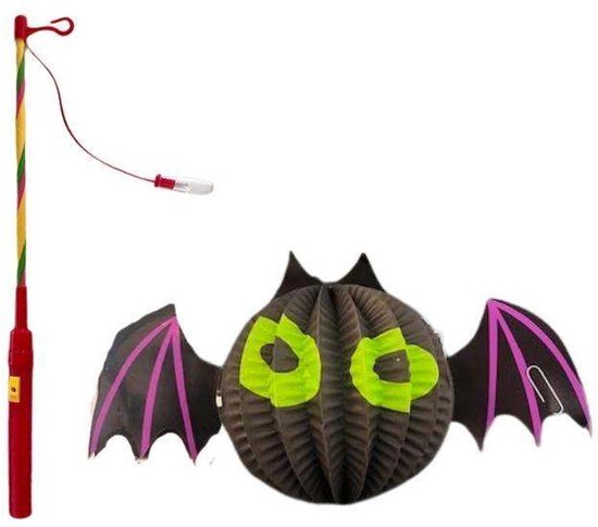 Vleermuis Lampion met Stok - Zwart Paars - 12x12cm - Halloween Decoratie - Verjaardag Versiering - Feest Lampionnen - Griezelig Themafeest