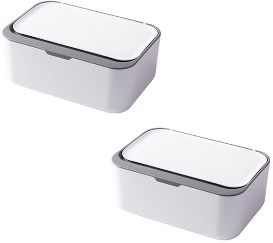 Vochtige doekjes dispenser - 2 Stuks - Doekjesverdeler - Kunststof - Afdichting - Vochtig Toiletpapier Houder - Stofdicht - Vochtige doekjes opbergdoos - Navulbare Veeg Container - Geschikt voor thuis en op kantoor - 19*13*7.5cm - Wit