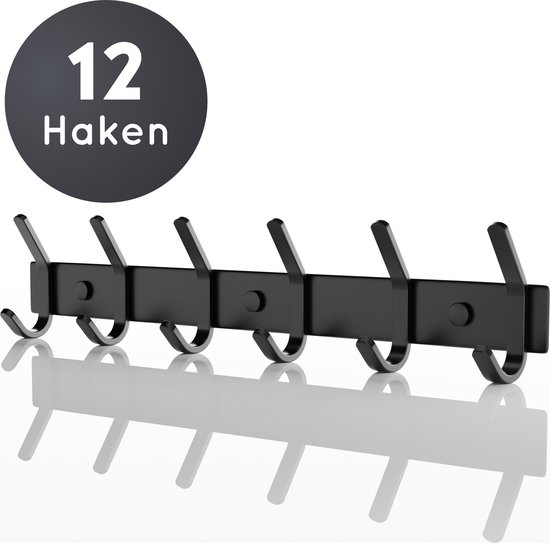 Volcan Wandkapstok - 12 Haken - Muur Kapstok Hangend met 3M Tape - Industrieel - Zwart RVS van Volcan