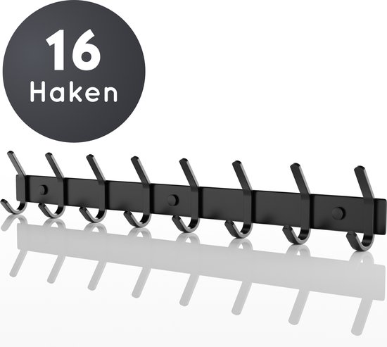 Volcan Wandkapstok - 16 Haken - Muur Kapstok Hangend met 3M Tape - Industrieel - Zwart RVS van Volcan