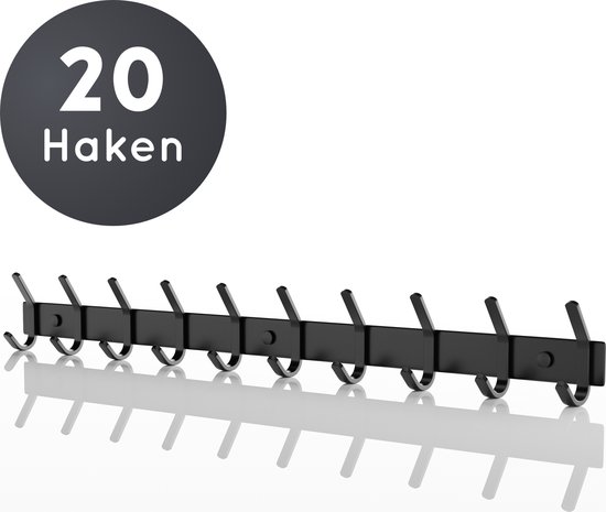 Volcan Wandkapstok - 20 Haken - Muur Kapstok Hangend met 3M Tape - Industrieel - Zwart RVS