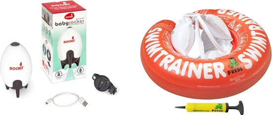 VOORDEEL BABY PAKKET " SLAPEN EN ZWEMMEN" - Oplaadbare Rockit Baby Rocker - SWIMTRAINER "Classic" rood (3mnd - ca. 4 jaar)| Gratis handpomp - De Slaaphulp - De Veilige Zwemband | van Rockit