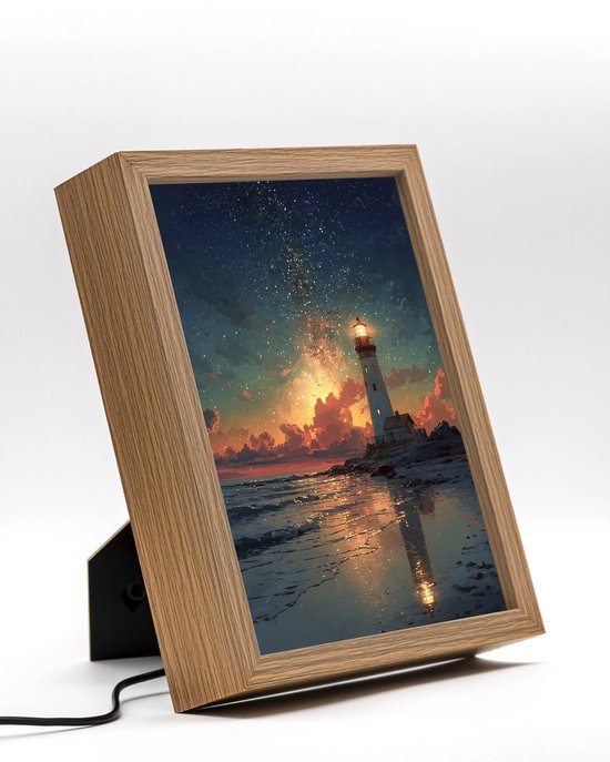 Vuurtoren zee – 22×17 cm – Verlicht kunstwerk – LED licht portret nachtlampje – Dimbaar – Sfeerverlichting – Kinder Woon en Slaapkamer Wall Art Decor van Merkloos