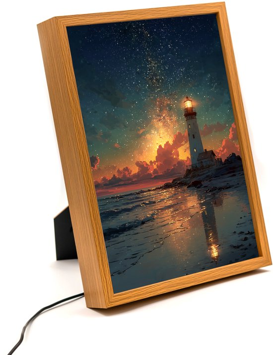 Vuurtoren zee – 31×23 cm – Verlicht kunstwerk – LED licht portret nachtlampje – Dimbaar – Sfeerverlichting – Kinder Woon en Slaapkamer Wall Art Decor van Merkloos