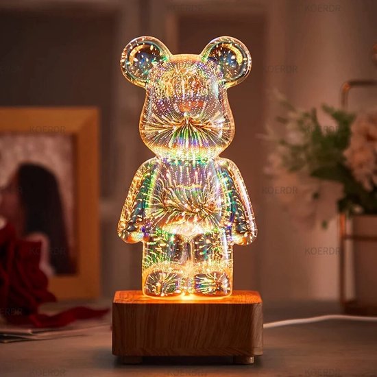 Vuurwerk beer | Nachtlampje | Decoratieve verlichting | Beer met verlichting | 3D beer | Beer lamp | Vuurwerk beer | LED lamp | Luxe verlichting | Tafellamp | Accessoire | USB-aansluiting van Merkloos
