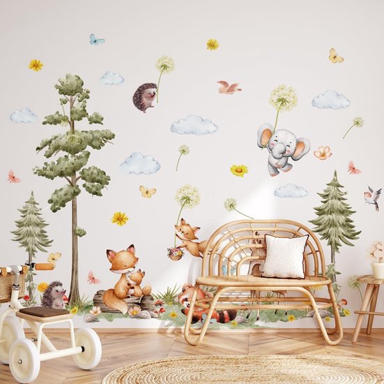 VVGoods - Bosdieren muurstickers met dennenboom en vos voor babykamer en kinderkamer decoratie