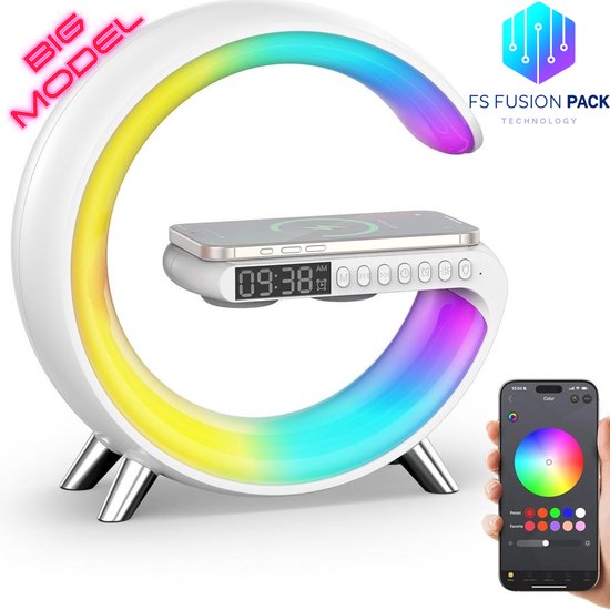 Wake-up Light -APP-bediening -Wekker Sfeerlamp -Nachtlamp-Wekkerradio-Slaaptrainer Lamp-Draadloos opladen-Multifunctioneel-FS Fusion Pack-Groot G-Lamp–Smart Bluetooth Speaker, 15W Draadloos-Nachtlamp–USB–Black Friday Kerstcadeau-Sinterklaas-Nieuwjaar