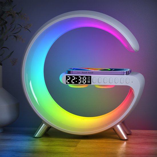 Wake Up Light - Met Draadloze Oplader - Lichtwekker - Bureaulamp - LED Light - Bluetooth Speaker - Nachtlamp - Digitale Wekker - Wit van Merkloos