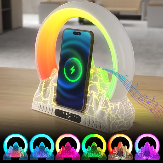 Wake-up Light met Vulkanisch Design – 10 Natuurgeluiden – FM Radio – White Noise – Draadloos Opladen – Nachtlamp met RGB Kleuren – LED Klok – App-bediening – Slaapmodus van Merkloos