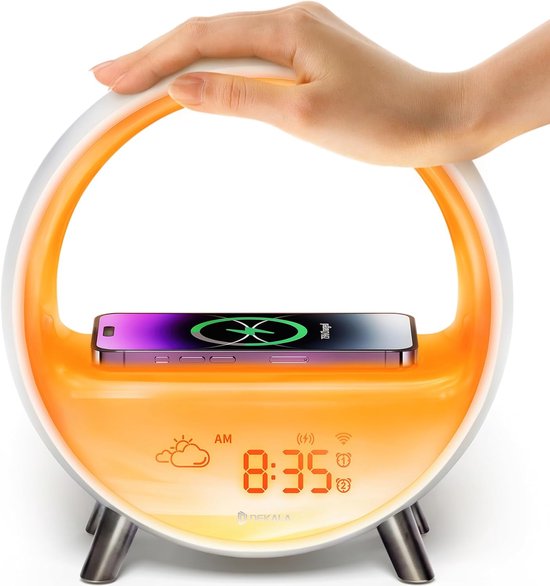 Wake-up Light met zonsopgang- en zonsondergangsimulatie, nachtlampje met 15W draadloos opladen, aanraakbediening en app [Energieklasse F] van Aurisio