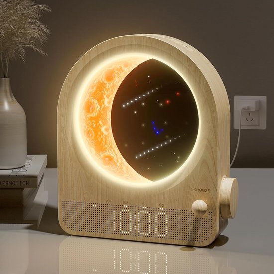Wake Up Light Wekker en maanlamp in één, 3 helderheidsniveaus, nachtlampje, daglichtlamp naast het bed, lichtalarm, weklicht, 10 natuurlijke geluiden, dimbaar nachtlampje, ideaal voor de slaapkamer [Energieklasse A] van Merkloos