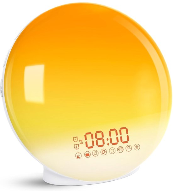 Wake Up Light wekker met zonsopgang-/zonsondergangsimulatie, twee alarmtijden, 7 natuurgeluiden, FM-radio en snooze-functie voor volwassenen en kinderen [Energieklasse F] van Merkloos