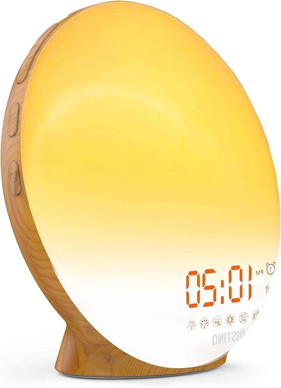 Wake-Up Light - Wekkerradio met licht - Rustig Ontwaken - Dubbele wektijd - 14 Kilogram - Houtkleurig