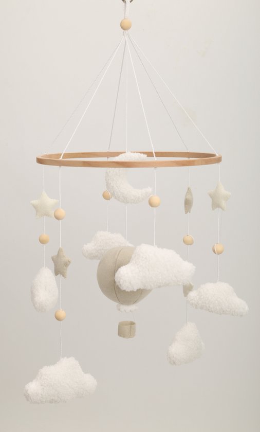 WallWood - Baby mobiel met wolken en luchtballon - decoratie voor babykamer