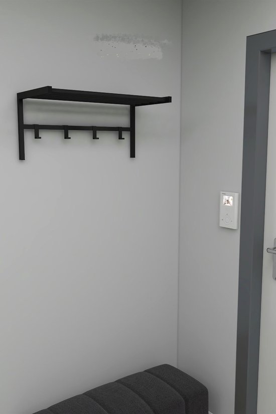 Wandkapstok - 69x32x34 cm - 4 Haken - Zwart Metaal - Industrieel Design - Inclusief Hoedenplank & Roede - Muurkapstok - Hal & Slaapkamer - 4 Seizoenen