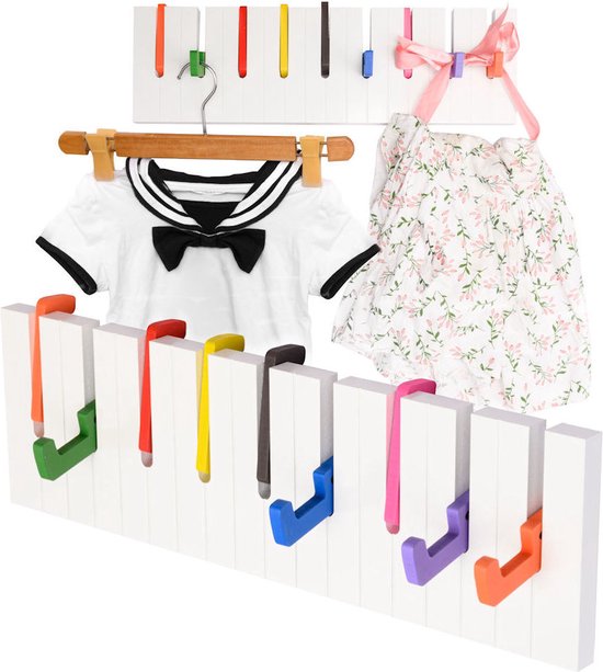 Wandkapstok hout - Piano Kinderkamer Kapstok - Met 9 ophang haken - Wand Kapstok - Garderoberek - Wit - 48 Cm Breed