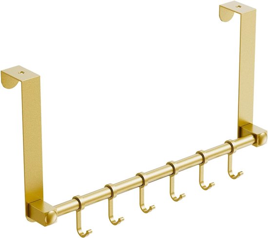 Wandkapstok - Kapstok - Kapstok zonder gaten -Hangende kapstok voor achter de deur met 6 roestvrijstalen haken - Geschikt voor handdoeken en hoeden - 40.2 × 20.3 × 4.7 cm - Geschikt voor badkamers, slaapkamers en studentenkamers - Goud