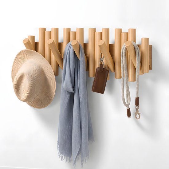 Wandkapstok - Kapstok - van massief Europees beukenhout - 5 inklapbare haken - Picket rail kapstok voor hal, slaapkamer en entree - 37 x 16 cm - Piano kapstok - Kapstok Muur - Naturel