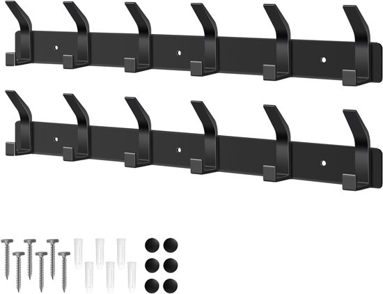Wandkapstok - Kapstok voor aan de Muur - 2 Stuks - 12 Haken - 42,5 cm - Zwart Metaal - Hangende Muurkapstok voor Hal, Slaapkamer en Badkamer - Inclusief Bevestigingsmateriaal