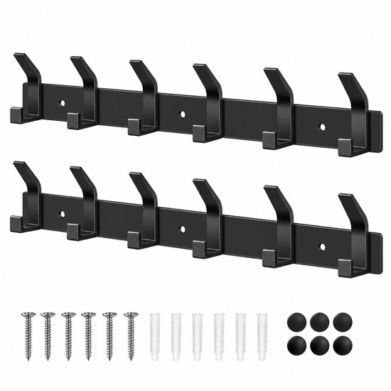 Wandkapstok - RVS Kapstok Hangend - 2-delige Hangend Muurkapstok Set met 12 Haken - 42,5 cm - Zwarte Kapstokken inclusief Bevestigingsmateriaal