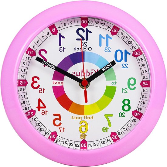 Wandklok Kinderen - Klok Leren Tijd - Tijd Leren - Geluidloos Uurwerk - 21 cm - Roze