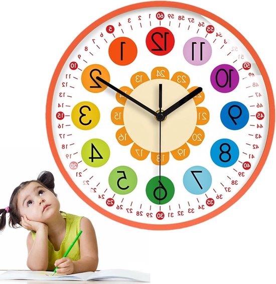 Wandklok Kinderen - Stille Klok - Tijd Leren - Stille Scanbeweging - 25.4 cm Diameter - Rood