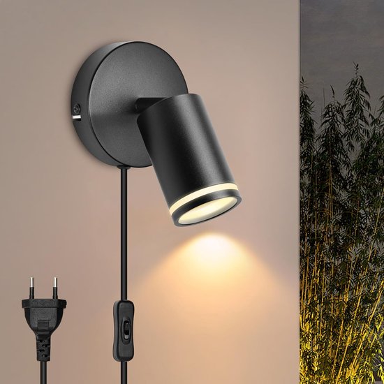 Wandlamp met schakelaar Zwenkbaar 350° - Wandlamp binnen met stekker en schakelaar Zwart Wandspot GU10 Wandlamp met kabel voor woonkamer slaapkamer, keuken, gang, Zonder lichtbron [Energieklasse A]