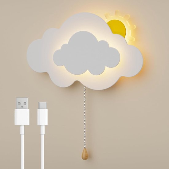 Wandlamp voor binnen voor kinderen, LED draadloos en oplaadbaar 4000 mAh, wolk wandlamp met snoerschakelaar voor babykamer en nachtkastje, 7 W, 560 lm, 3000K tot 6000K, wit [Energieklasse D]