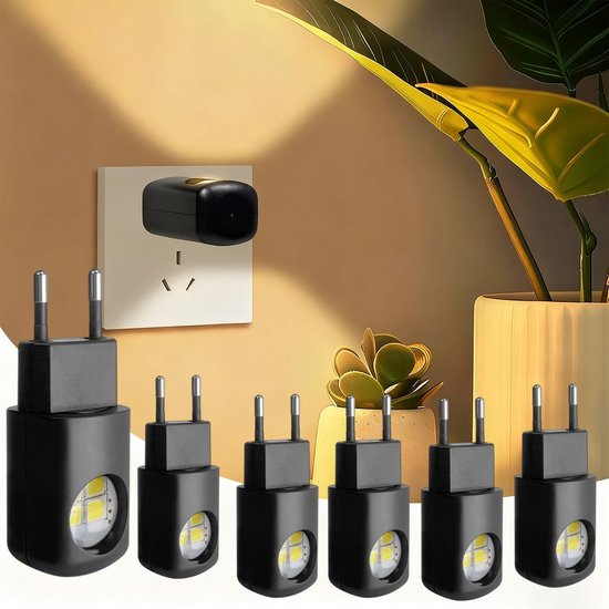 Warmwit licht – 10-pack LED-nachtlampjes | Direct in het stopcontact | Ingebouwde lichtsensor | Geschikt voor slaapkamers, badkamers, kinderkamers, gangen, keukens en meer (Zwart) van Merkloos