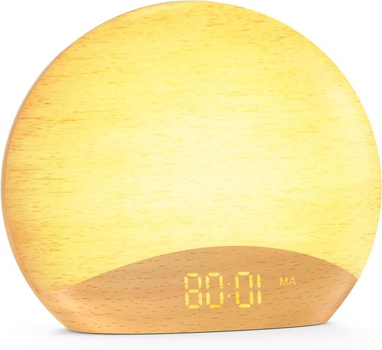 Wekker Geluidsmachine - Nachtlamp Digitale Klok - Rustig Wakker Worden - Zonsopgang Simulatie - 18.49 x 17.4 cm - Houtkleur
